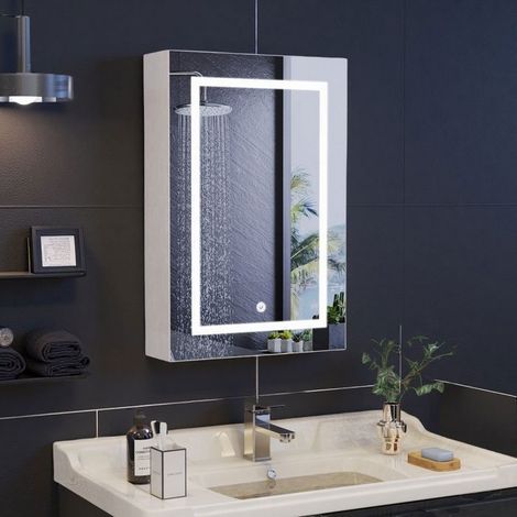 Armario Espejo Baño LED 50x70cm  3 Temperaturas 3000K-6400K, Espejo HD, 2 Estantes de Vidrio Templado, MDF IP44, Blanco