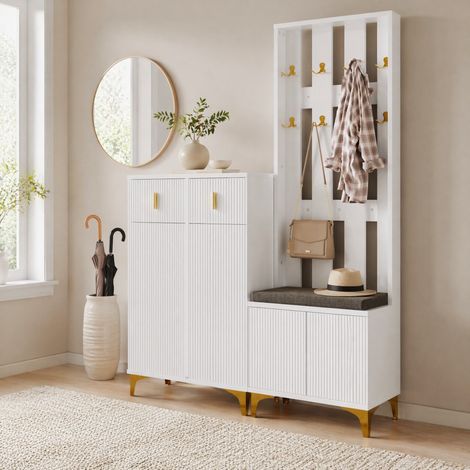 Mobile porta scarpe da ingresso con panca e appendiabiti, 2 cassetti, 2 ante, bianco HAVRYA (1/5)