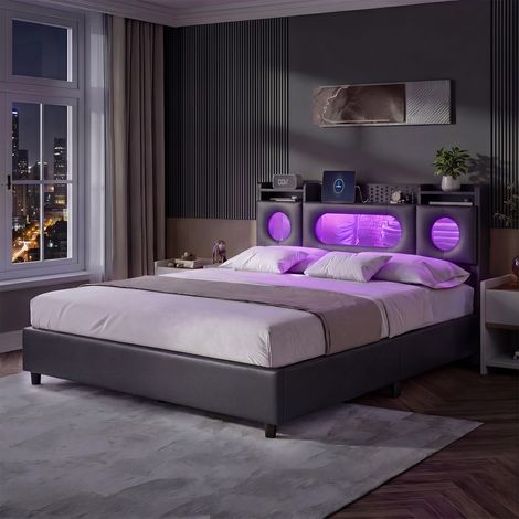 Letto matrimoniale 160 x 200 cm - Illuminazione a LED - Rivestimento in lino - Testiera capitonné - Rete a doghe (1/5)