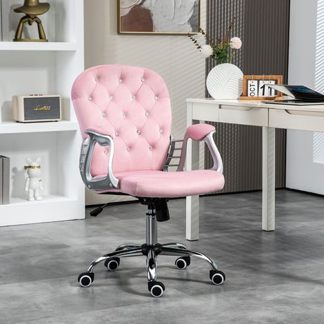 Sedia da scrivania in velluto con altezza regolabile, braccioli e decorazioni a rombi, 59,5x60,5x93-103 cm, rosa
