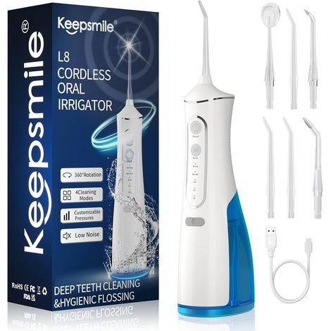 Hydropulseur dentaire sans fil pour les dents – 4 modes d'irrigateur buccal dentaire, portable et rechargeable IPX7, étanche, batterie puissante, nettoyeur de dents pour la maison et les voyages (1/5)