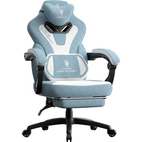 Fauteuil gaming ergonomique bleu et blanc avec repose-pieds, dossier inclinable 90-145°, mousse haute densité (1/5)
