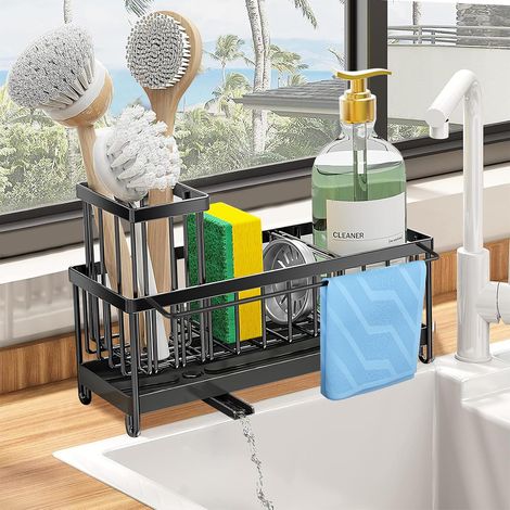 JSSEVN - Stainless Steel Kitchen Sink Organizer with Diverter Drain, Wall-Mounted Sink Sponge Holder, Multifunctional Storage Organizer (1/5)