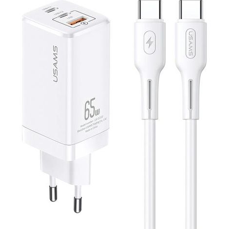 USAMS MT 2xUSB-C + USB GaN 65WT33 PD + cavo di ricarica rapida USB-C-USB-C 100W bianco MTXLOGTC02 (1/2)
