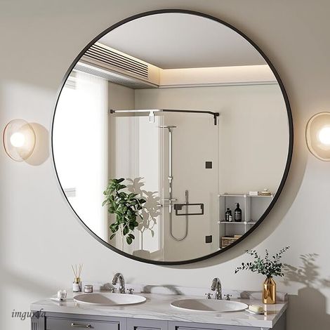 Koonmi – Miroir mural rond 122 x 122 cm – Cadre en alliage d'aluminium noir – Pour chambre, salon, salle de bain – Design moderne et élégant