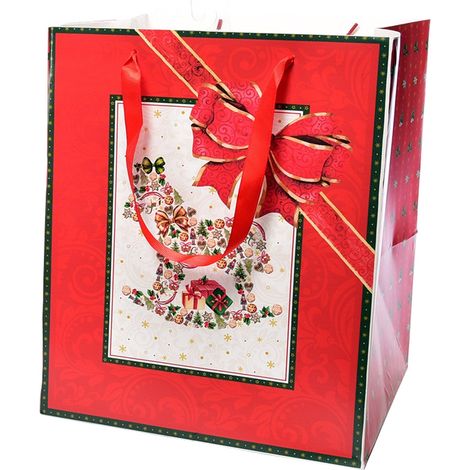 Sacchetto per confezioni regalo natalizie decorato con alberi e cavalli da 31 cm -Dondolo con Fiocco (1/3)