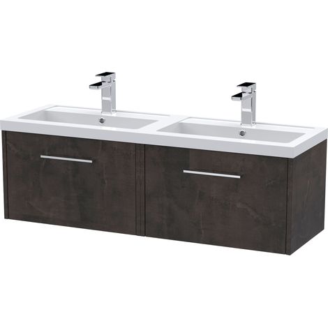 Winshill Contemporary 2 Drawer Wall Hung Vanity Unit with Double Basin, Metallic Slate, 1200mm (1/4)