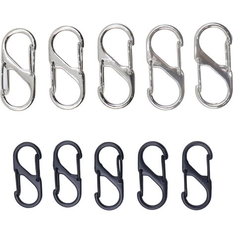 Lot de 10 petits mousquetons en forme de S en 2 tailles pour randonnée, pêche, camping, voyage (noir, argent) (1/5)