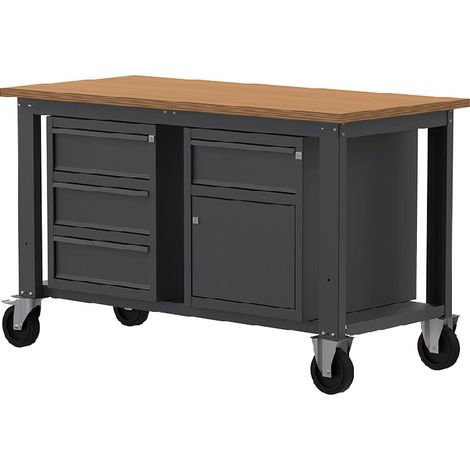 Banco lavoro con ruote SOGI X3N109LR - 1.5 m - piano in legno - 3 cassetti + anta e cassetto (1/4)