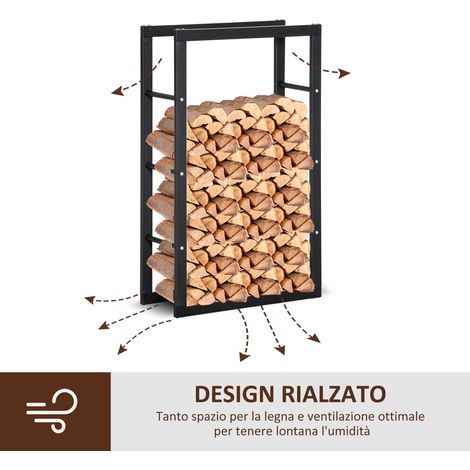 Estante alto de metal para leña, para interior/exterior, con rieles laterales, resistente a la corrosión, negro, 60 cm de ancho x 25 cm de profundidad x 100 cm de alto.