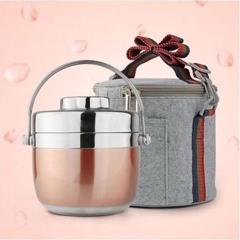 1.5L Boîte de Repas Boîte Alimentaire Garde-chaud Inox avec Sac Isotherme Or rose (1/4)