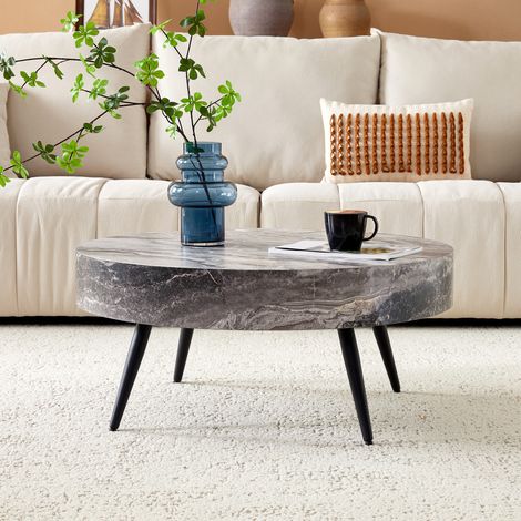 Table basse ronde Ø 70 cm en MDF effet marbre gris avec pieds en métal noir, design minimaliste, idéale pour salon et petits espaces