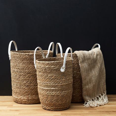 Lot de 3 Paniers - HOME DECO FACTORY - Tressés - Anses Simili - Marron (1/5)