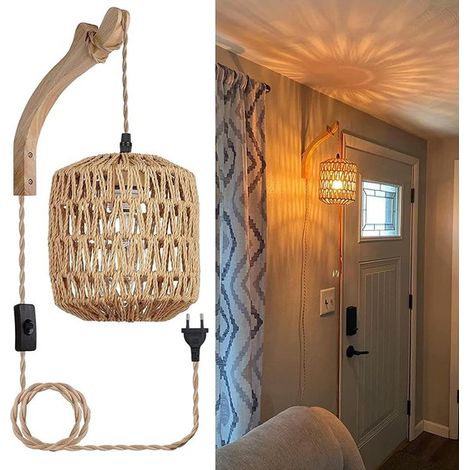 Wandleuchte aus Holz für den Innenbereich Vintage-Wandleuchte mit Lampenschirm aus geflochtenem Rattan E27 Retro-Wandleuchte mit Schalter und Für (1/5)