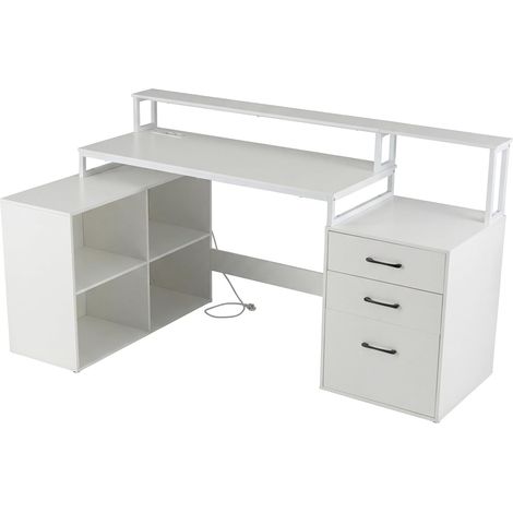 COSTWAY Scrivania Angolare con Prese di Alimentazione, Cassetto, per Monitor e Cubi