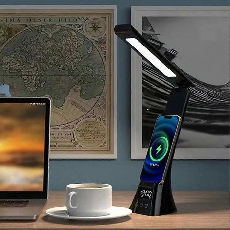 Wiederaufladbare Schreibtischlampe mit LCD-Bildschirm und klappbarem Arm, augenschonend, schwarz. (1/5)