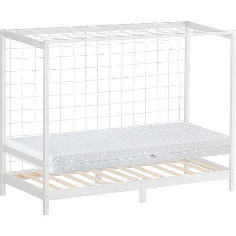 ML-Design Cama Infantil 90 x 200 cm en Forma de Portería de Fútbol Balonmano + Colchón 16cm Madera de Pino Blanca, Cuna Individual para Niño con Somier de Láminas y Red Litera Maciza Juvenil (1/5)