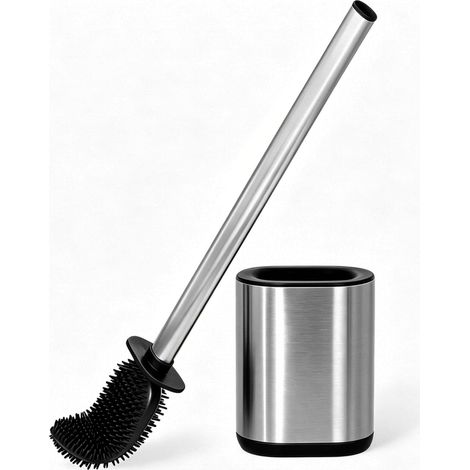 Brosse de toilette et support - Brosse de nettoyage de toilette avec poils en silicone pour salle de bain - Brosse de cuvette de toilette flexible et compacte (1, acier inoxydable) (1/5)