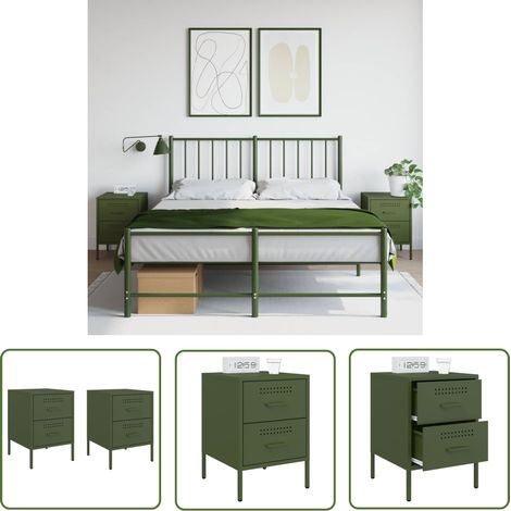 The Living Store Nachttische 2 Stk. Olivgrün 36x39x50,5 cm Stahl - Industrieller Nachttisch - Schubladen Nachttisch - Metall Nachttisch - Nachttisch Set - Wohnraum Einrichtung (1/5)