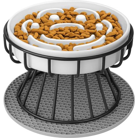 Comedero de cerámica elevado de alimentación lenta + soporte de metal + tapete, alimentación lenta