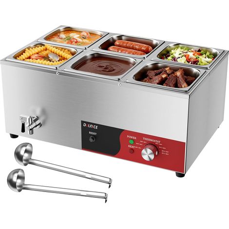 Electric Water Bath with 6 Stainless Steel Bins with Reset, 1500 W  Buffets Electric Food Warmer with Temperature 30 to 185 °F, Drain Tap and Soup Spoon, for Catering (1/5)