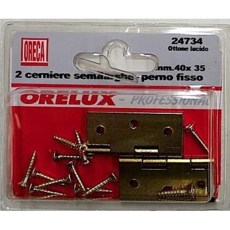 2 PEZZI - CERNIERA SEMILARGA CON PERNO FISSO 40x35MM - IN OTTONE LUCIDO