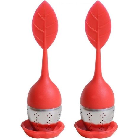 Infuser/infuseur de thé/Filtre diffusseur/passoire a thé à Forme de Feuille de Thé, infuseur réalisé en Silicone à 100% Alimentaire et en INOX de Haute Qualité, Lot de 2 pcs(Rouge), (1/5)
