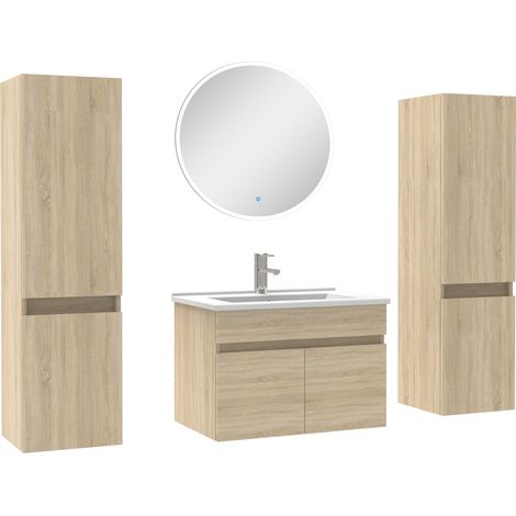 Ensemble meubles Salle de Bain simple vasque 60cm, colonnex2 + miroir rond Chêne Wotan (1/5)