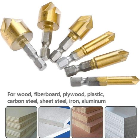 6 Pack HSS Chamfer Cutter 90 Degree 5 Flute Countersink Hole Chamfer Cutter Titanium Coated 1/4 Woodworking Drill Bit Hex Shank 6mm 8mm 9mm 12mm 16mm 19mm (1/5)
