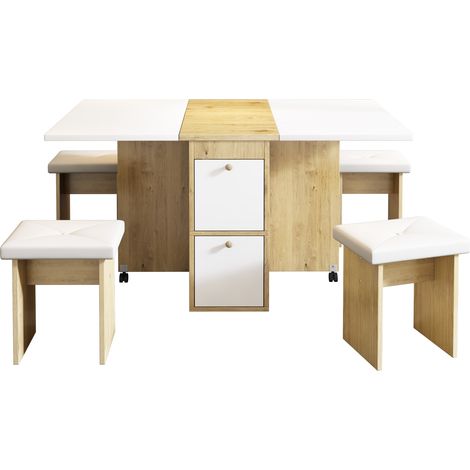 Ensemble table à manger pliable et extensible avec 4 chaises, plateau en bois clair et structure en panneau de particules, blanc pour salle à manger CHICFURN (1/5)