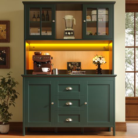 Meuble de cuisine haut (120 x 40 x 179 cm), buffet armoire avec portes vitrées marron et éclairage LED, vert, rangement spacieux pour placard de cuisine (1/5)