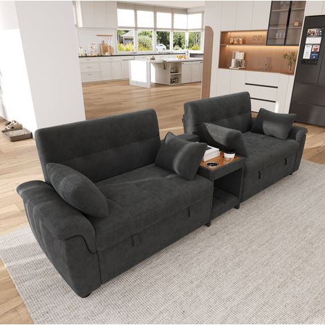 Sofá cama en U extensible con 2 portavasos, 4 cojines, chenilla gris oscuro DESVIAE (1/5)