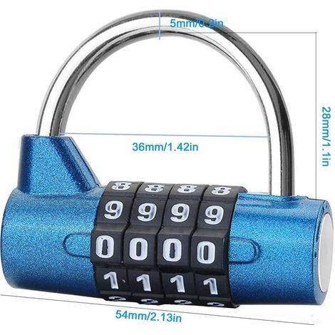 Cadenas à combinaison à 4 chiffres, serrure de casier de gym, serrure robuste réarmable, 54 mm/2,13quot, cadenas réarmable résistant à la rouille, (bleu) (1/5)