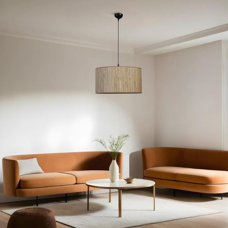 Lustre en métal avec capuchon en bambou, 45 cm de diamètre, hauteur réglable, douille E27, finition chêne et noir, pour les espaces modernes, indice IP20 (1/5)