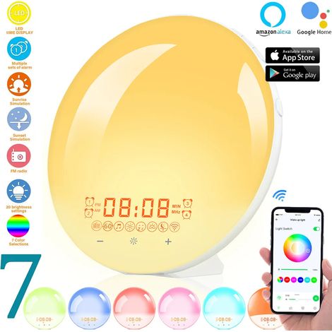 Réveil lumineux LED intelligent Wi-Fi avec lumière du jour, radio FM, lampe de chevet, cadeau pour enfants et adultes, application et télécommande Alexa