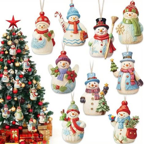 Snowman - Bois Naturel - Décoration De Noël Pour Arbre À Cadre Murale Porte - Lot De 9 Pièces (1/4)