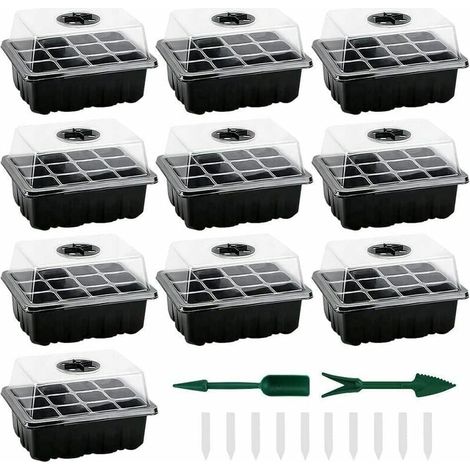 Mini invernaderos para plántulas, paquete de 10 con 120 celdas, bandeja y tapa incluidas, bandejas resistentes para plántulas de interior, ideales para cultivar semillas y sembrar plantas.