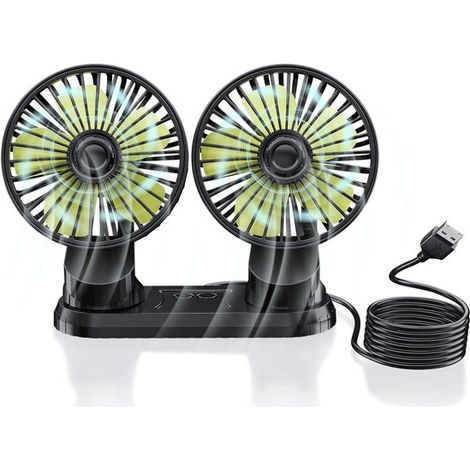 Ventilatore USB per auto con due teste, ventilatore portatile da cruscotto 5V, ruotabile a 360° con 3 velocità del vento, ventilatore di raffreddamento (1/5)