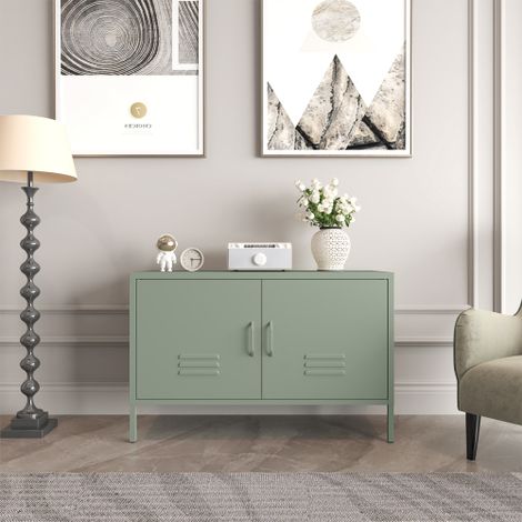 Armoire de rangement minimaliste verte avec étagères réglables et 2 ouvertures câbles – Idéale pour salon, chambre à coucher et espace invités
