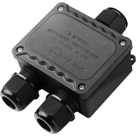 Wasserdichte 3-Wege-Verteilerdose (IP68) für den Außenbereich mit M25-Kabelverschraubungen für Kabel mit Durchmessern von Ø4 bis Ø14 mm, kleine schwarze Elektrodose für Außenbeleuchtung, Garten und Sc (1/4)