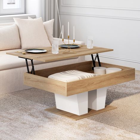 Mesa de centro rectangular elevable ELIAD de madera y blanco (1/5)