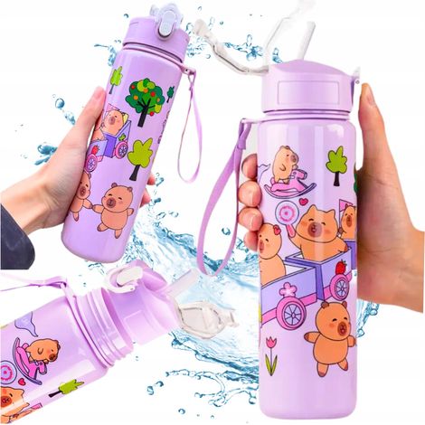 Botella de agua Capybara con pajita para niños, ideal para llevar al colegio, 690 ml. (1/5)