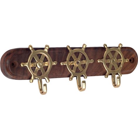 Perchero de pared de madera con 3 timones de latón 22 cm (1/5)