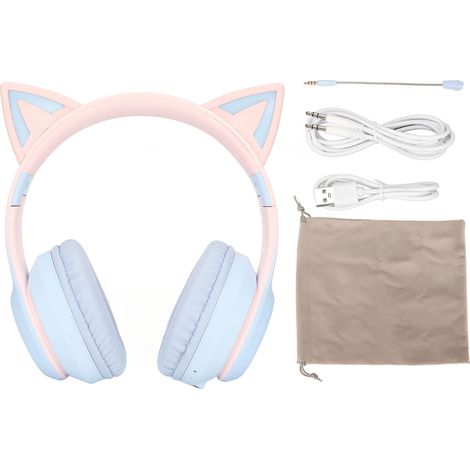 Casque Gamer Bluetooth Sans Fil avec Oreilles de Chat, Micro Détachable, Lumière LED, Câble 3.5mm, Pliable, Bleu (1/5)