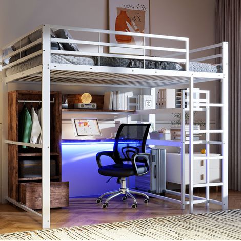 Lit mezzanine moderne 140x200 cm métal et MDF blanc avec bureau, 1 tiroir, étagères, LED et garde-corps (1/5)