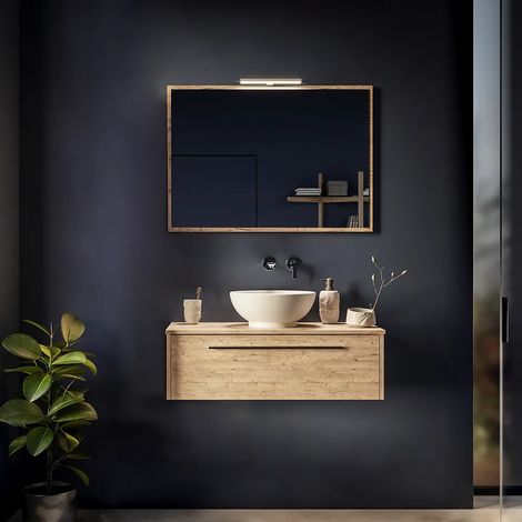 Armoire de toilette suspendue 100cm Chêne naturel un tiroir à fermeture progressive avec plan et miroir inclus Mod. Aoki