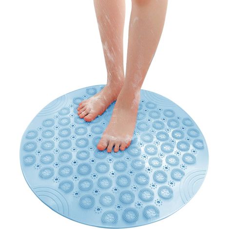Tapis de bain rond antidérapant avec ventouse, lavable en machine, bleu – DELKEVIC (1/5)