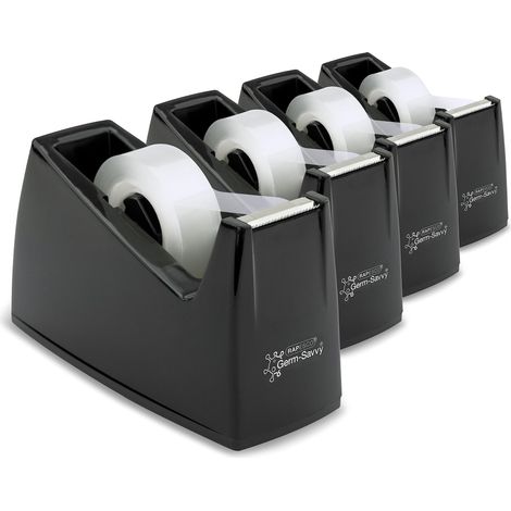 Rapesco 1741 Confezione Business: 4 Dispenser di Nastro Adesivo 300 e 4 Rotoli di Nastro Trasparente, Nero (1/5)