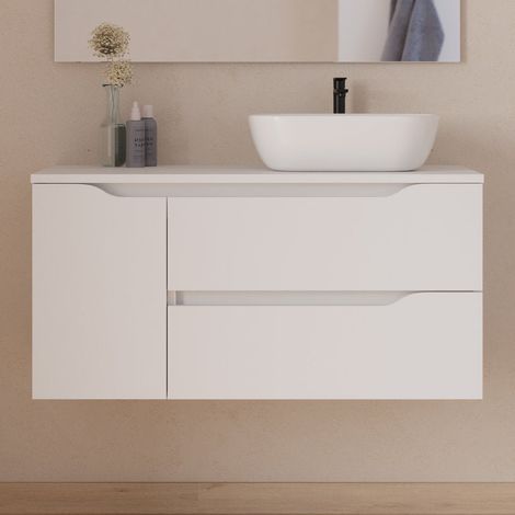 Meuble de salle de bain 100cm avec plateau et vasque à poser déportée à droite Zeus - sans miroir - 2 tiroirs et un placard - blanc - ZARZA
