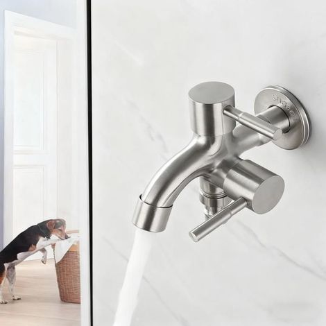 Robinet Salle de Bain,Robinet multifonctionnel pour lave-linge et bac à balais, acier inoxydable, 1 entrée + 2 sorties -Noir (1/5)